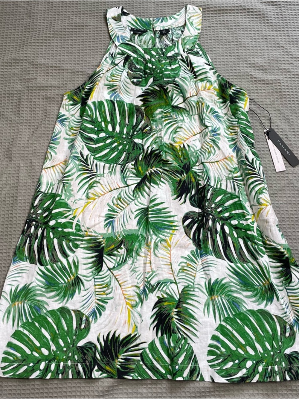 New Tahari 100% Linen Dress Small Womens Sleeveless Tank Tropical Palm